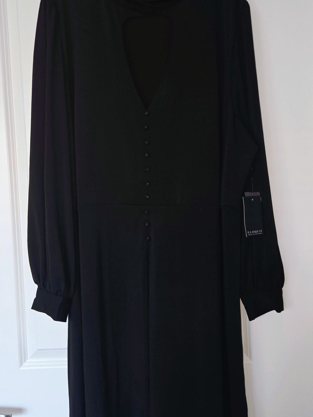 Eloquii Black Long-Sleeve V-Neck Midi Dress with Button Detail